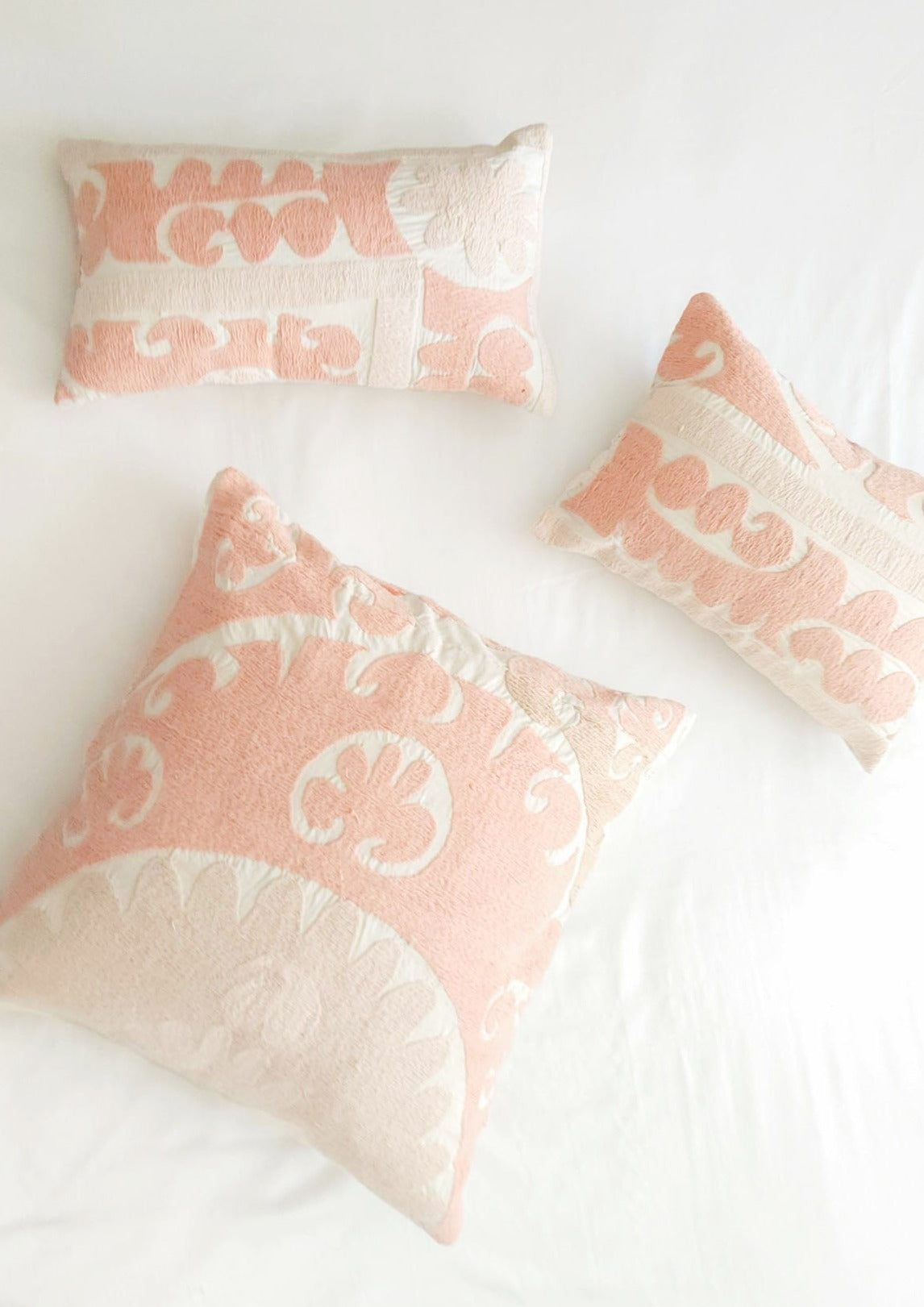 Azra Pastel Pink & Beige Boho Throw Pillow Cover with Uzbek Embroidered Suzani Pattern, Handmade | Lumbar, 20", 24", 26" (Quick Ship)