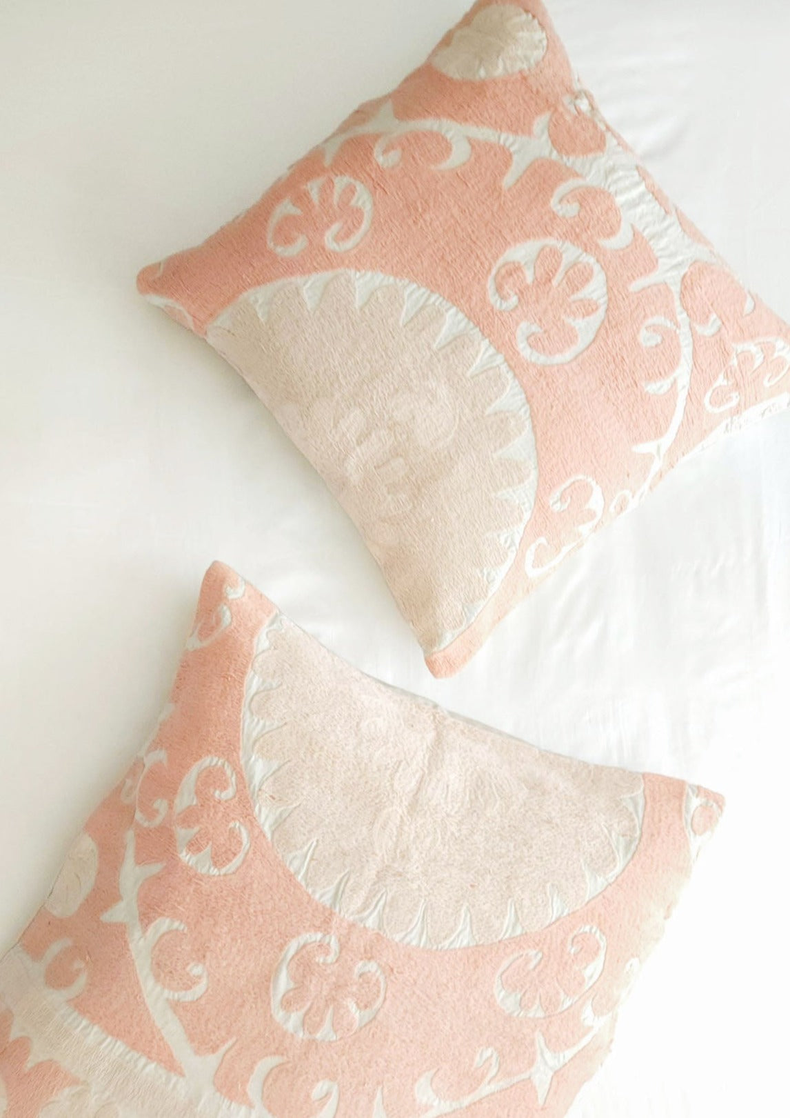Azra Pastel Pink & Beige Boho Throw Pillow Cover with Uzbek Embroidered Suzani Pattern, Handmade | Lumbar, 20", 24", 26" (Quick Ship)