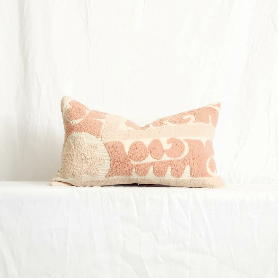 Azra Pastel Pink & Beige Boho Throw Pillow Cover with Uzbek Embroidered Suzani Pattern, Handmade | Lumbar, 20", 24", 26" (Quick Ship)