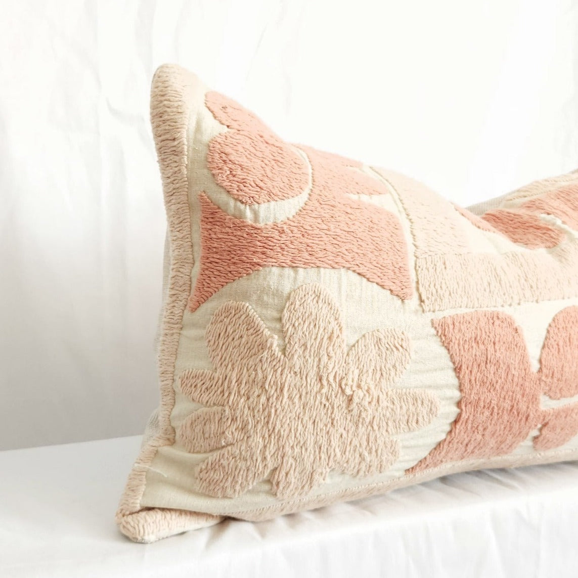 Azra Pastel Pink & Beige Boho Throw Pillow Cover with Uzbek Embroidered Suzani Pattern, Handmade | Lumbar, 20", 24", 26" (Quick Ship)