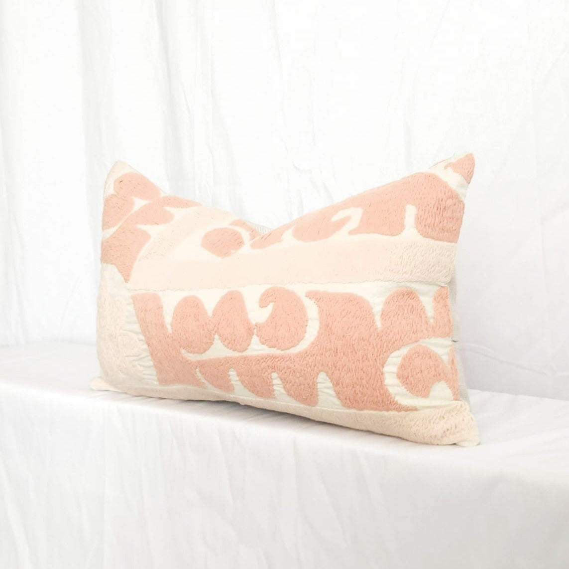 Azra Pastel Pink & Beige Boho Throw Pillow Cover with Uzbek Embroidered Suzani Pattern, Handmade | Lumbar, 20", 24", 26" (Quick Ship)