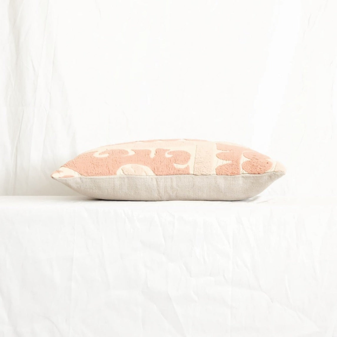 Azra Pastel Pink & Beige Boho Throw Pillow Cover with Uzbek Embroidered Suzani Pattern, Handmade | Lumbar, 20", 24", 26" (Quick Ship)
