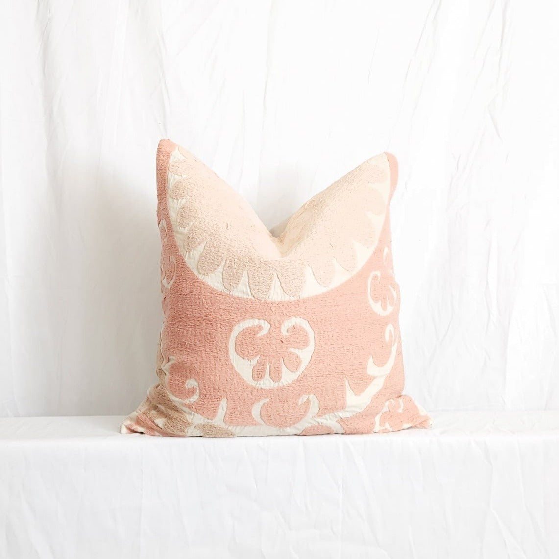 Azra Pastel Pink & Beige Boho Throw Pillow Cover with Uzbek Embroidered Suzani Pattern, Handmade | Lumbar, 20", 24", 26" (Quick Ship)