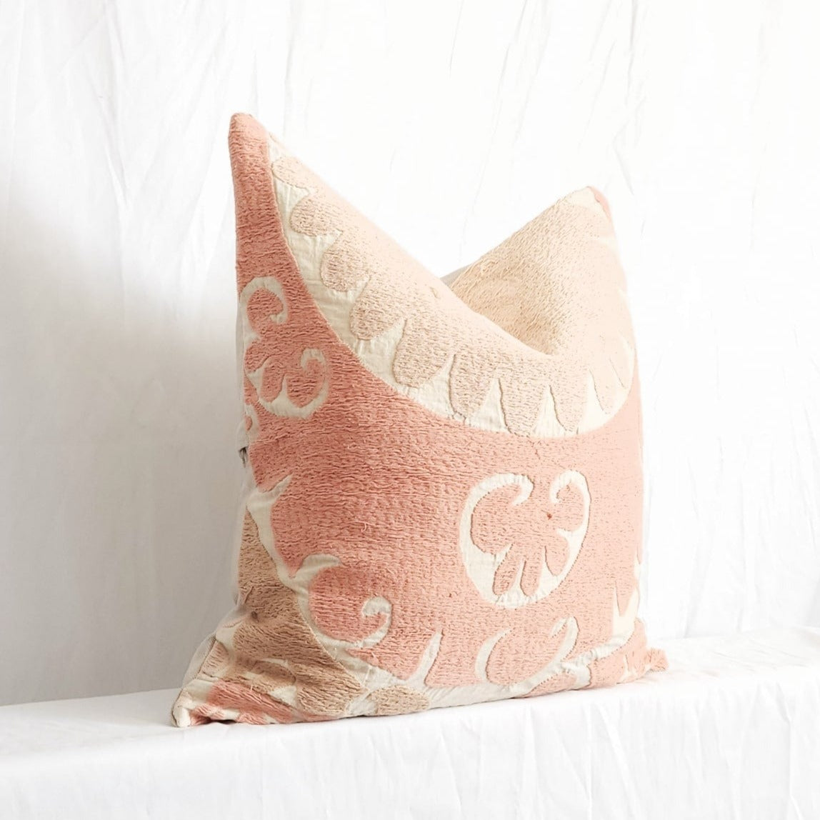 Azra Pastel Pink & Beige Boho Throw Pillow Cover with Uzbek Embroidered Suzani Pattern, Handmade | Lumbar, 20", 24", 26" (Quick Ship)