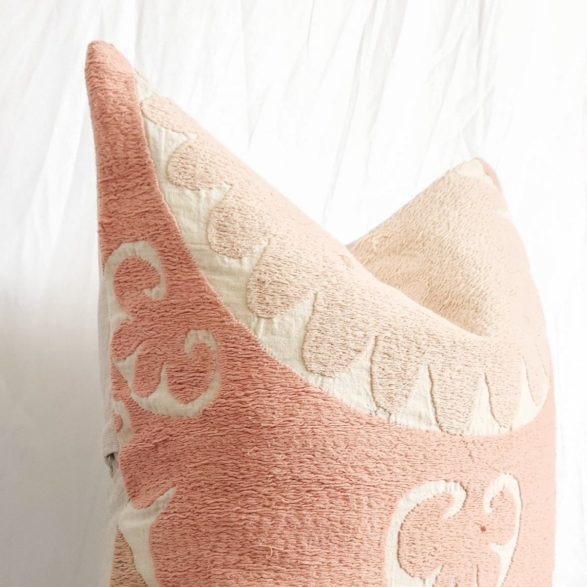 Azra Pastel Pink & Beige Boho Throw Pillow Cover with Uzbek Embroidered Suzani Pattern, Handmade | Lumbar, 20", 24", 26" (Quick Ship)