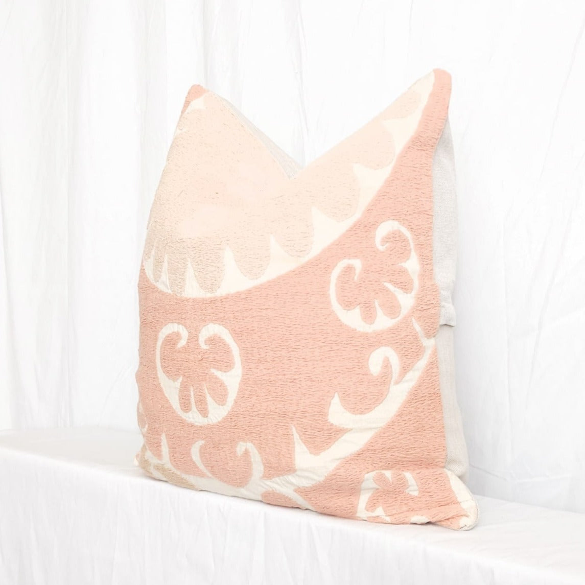 Azra Pastel Pink & Beige Boho Throw Pillow Cover with Uzbek Embroidered Suzani Pattern, Handmade | Lumbar, 20", 24", 26" (Quick Ship)