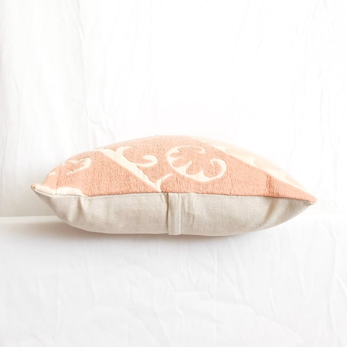 Azra Pastel Pink & Beige Boho Throw Pillow Cover with Uzbek Embroidered Suzani Pattern, Handmade | Lumbar, 20", 24", 26" (Quick Ship)