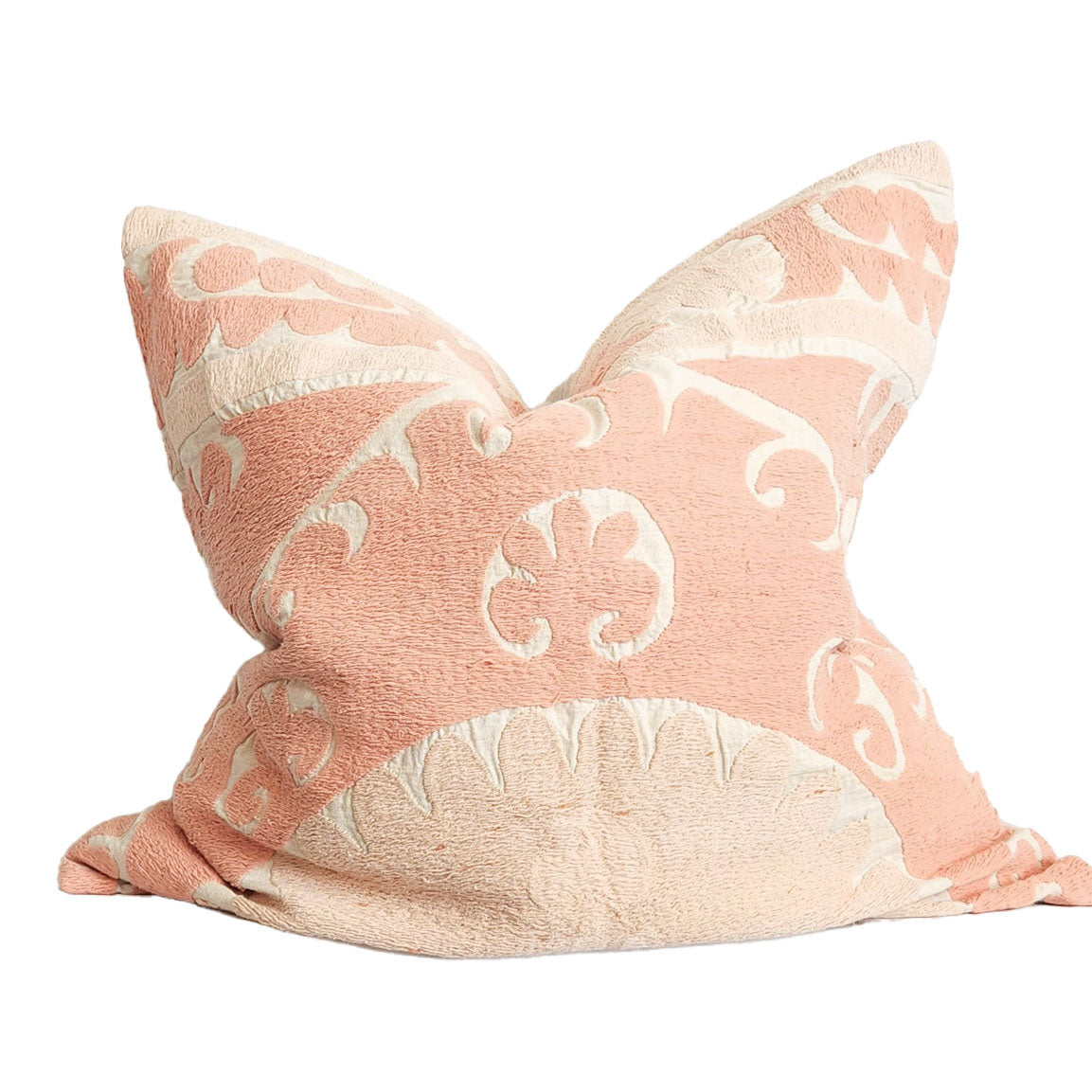 Azra Pastel Pink & Beige Boho Throw Pillow Cover with Uzbek Embroidered Suzani Pattern, Handmade | Lumbar, 20", 24", 26" (Quick Ship)