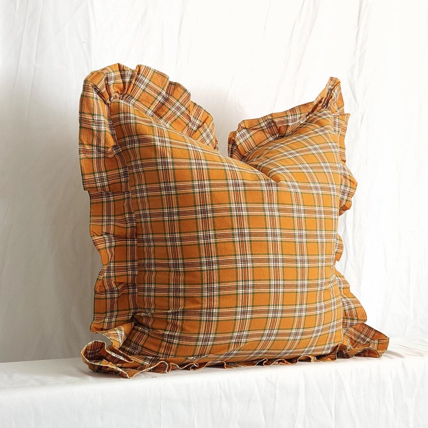 Sarah Burnt Orange Throw Pillow Cover 20x20 Plaid Pillow Ruffle Farmhouse Pillow Cotton | Dusk & Bloom