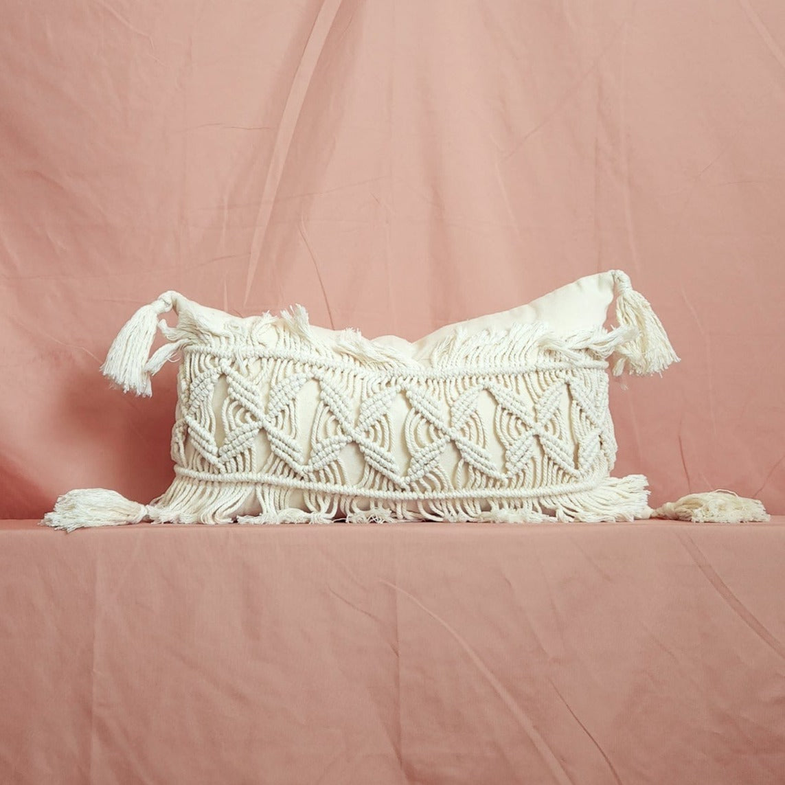 Zizi White Macrame Tassel Handmade Lumbar Pillow Cover | Dusk & Bloom