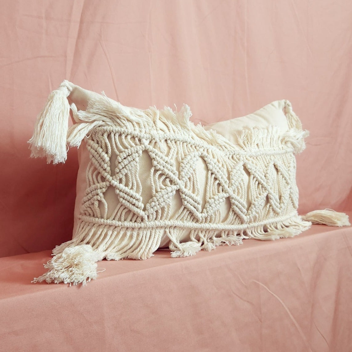 Zizi White Boho Pillow with Tassels, Macrame Pillow Cover Lumbar | Dusk & Bloom