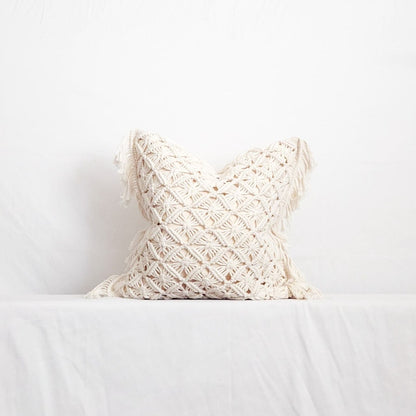 Lily Macrame Throw Pillow with Fringe, White Boho Pillow Cover 20" | Dusk & Bloom