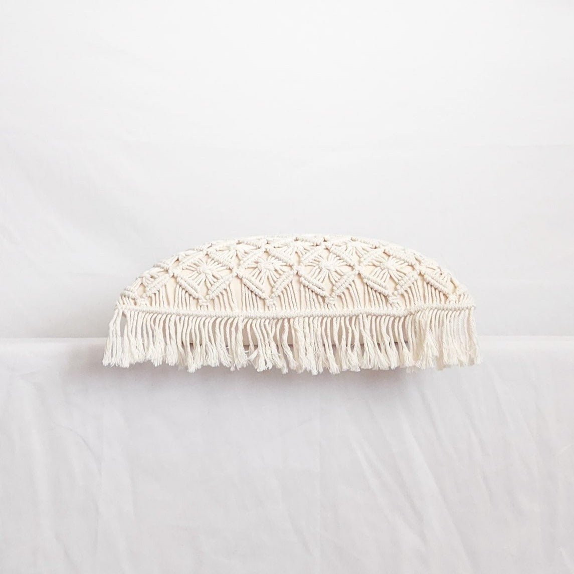 Lily Macrame Throw Pillow with Fringe, White Boho Pillow Cover 20" | Dusk & Bloom