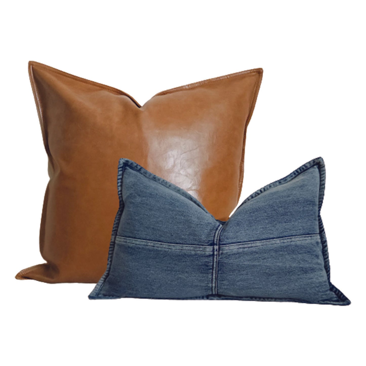 Daryl+Dixie Camel Faux Leather & Denim Rustic Coastal 2-Pack Throw Pillow Cover Bundle (Quick Ship)