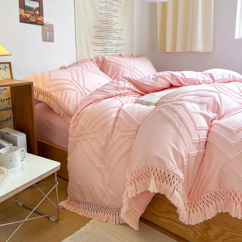 Amaya Pink Boho Bedding with Tassels, Boho Duvet Cover Set | Dusk & Bloom