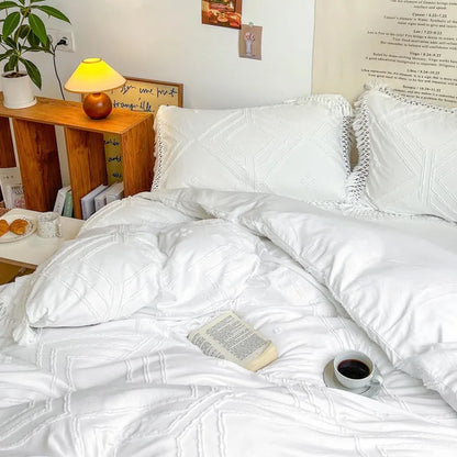 Amaya White Boho Bedding with Tassels, Boho Duvet Cover Set | Dusk & Bloom