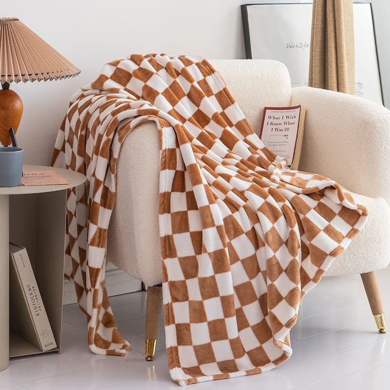 Bobby Tan Brown Retro Checkered Flannel Throw Blanket (Long) | Dusk & Bloom