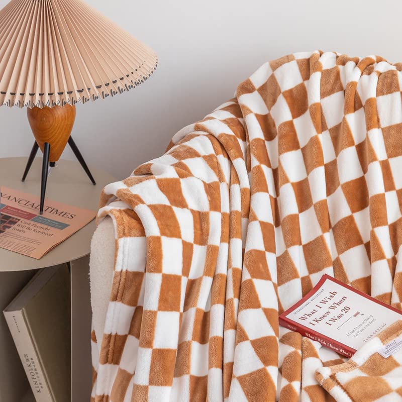 Bobby Tan Brown Retro Checkered Flannel Throw Blanket (Long) | Dusk & Bloom
