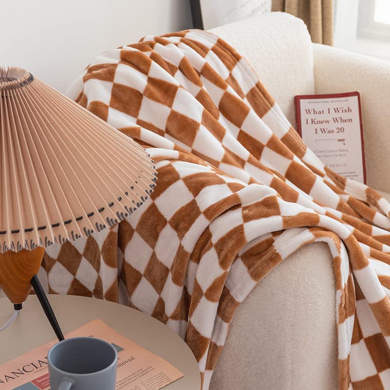 Bobby Tan Brown Retro Checkered Flannel Throw Blanket (Long) | Dusk & Bloom