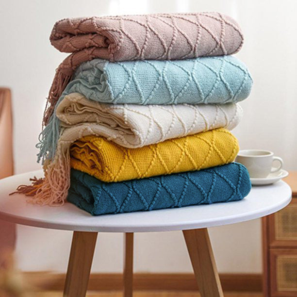 Emery Blue Fringe Throw Blanket in Diamond Pattern | Extra Long, 51" x 94.5" (Special Order)