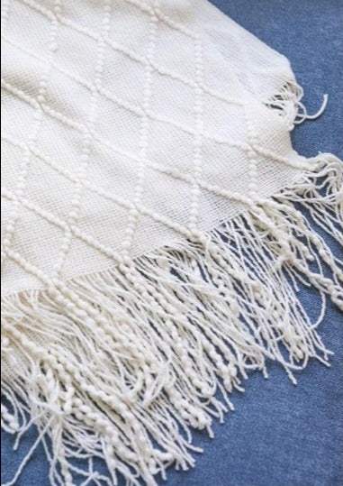 Emery White Extra Long Diamond Fringe Throw Blanket | Dusk & Bloom