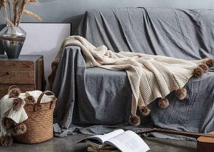 Gigi Cream Chenille Pom-Pom Throw Blanket | Dusk & Bloom