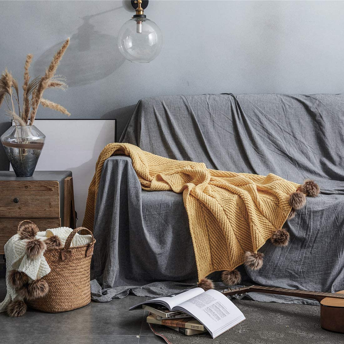 Gigi Golden Yellow Chenille Pom-Pom Throw Blanket | Dusk & Bloom