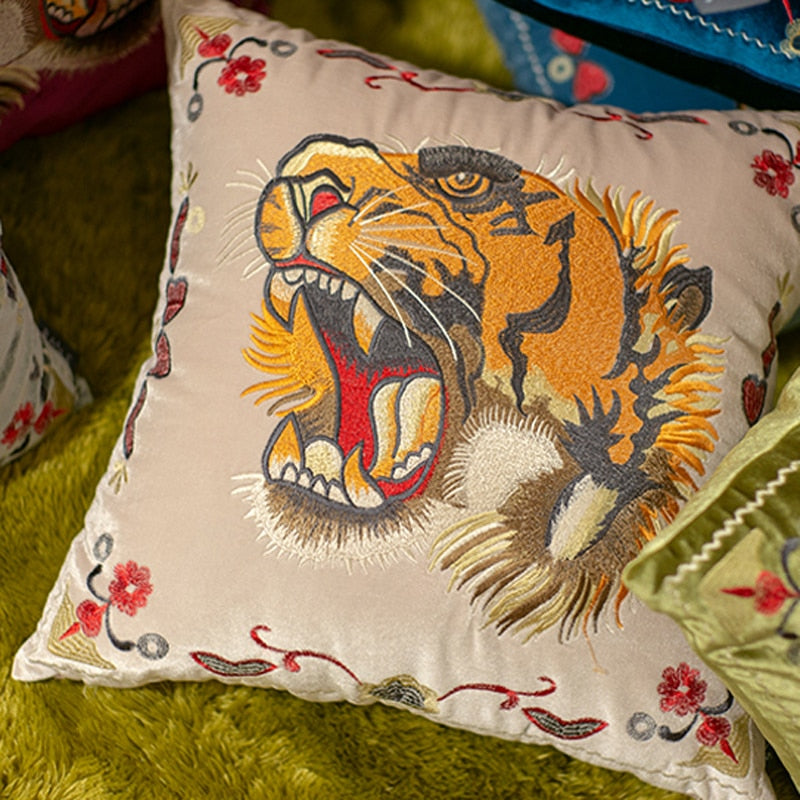 Taisha Embroidered Tiger Off-White Velvet 20" Pillow Cover | Dusk & Bloom