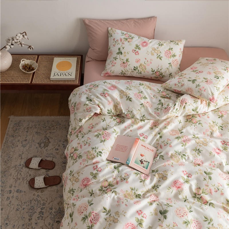 Anna Ivory Cottagecore Floral Duvet Cover Set with Pink Sheet | Dusk & Bloom