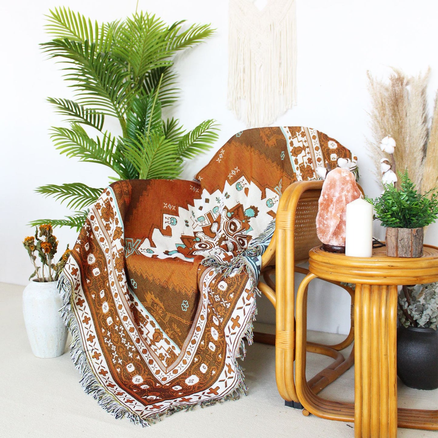 Maya Brown Tribal Boho Throw Blanket / Wall Tapestry with Fringe | Dusk & Bloom