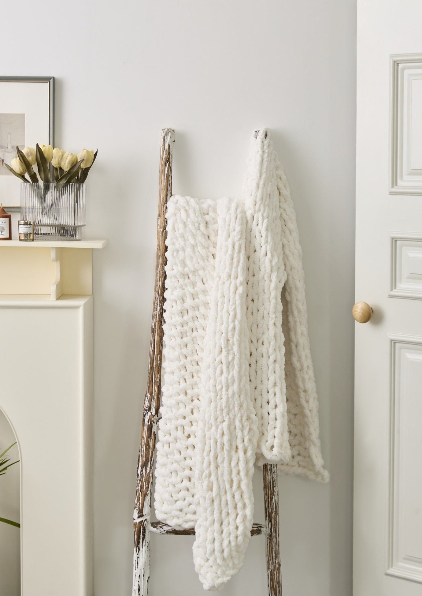 Serenity White Chenille Chunky Knit Throw Blanket (51" x 63") | Dusk & Bloom