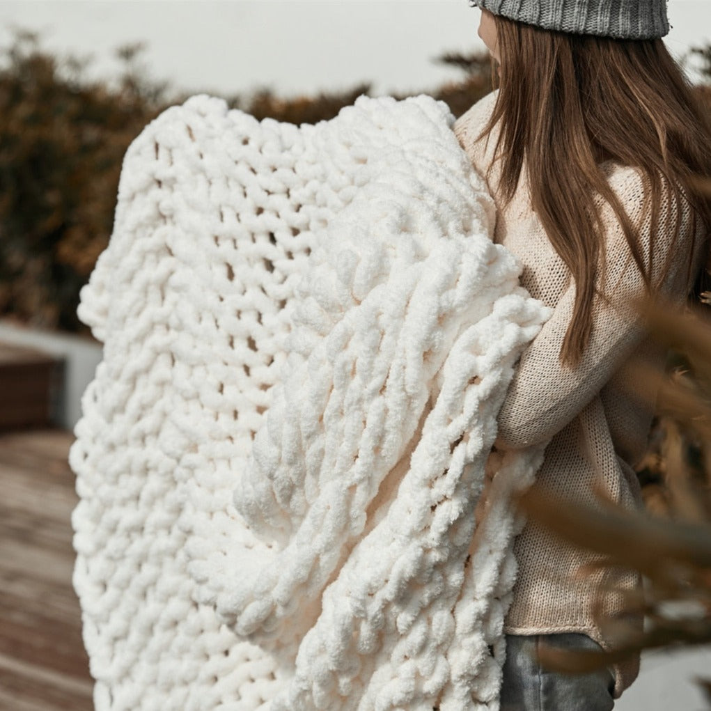 Serenity White Chenille Chunky Knit Throw Blanket (51" x 63") | Dusk & Bloom