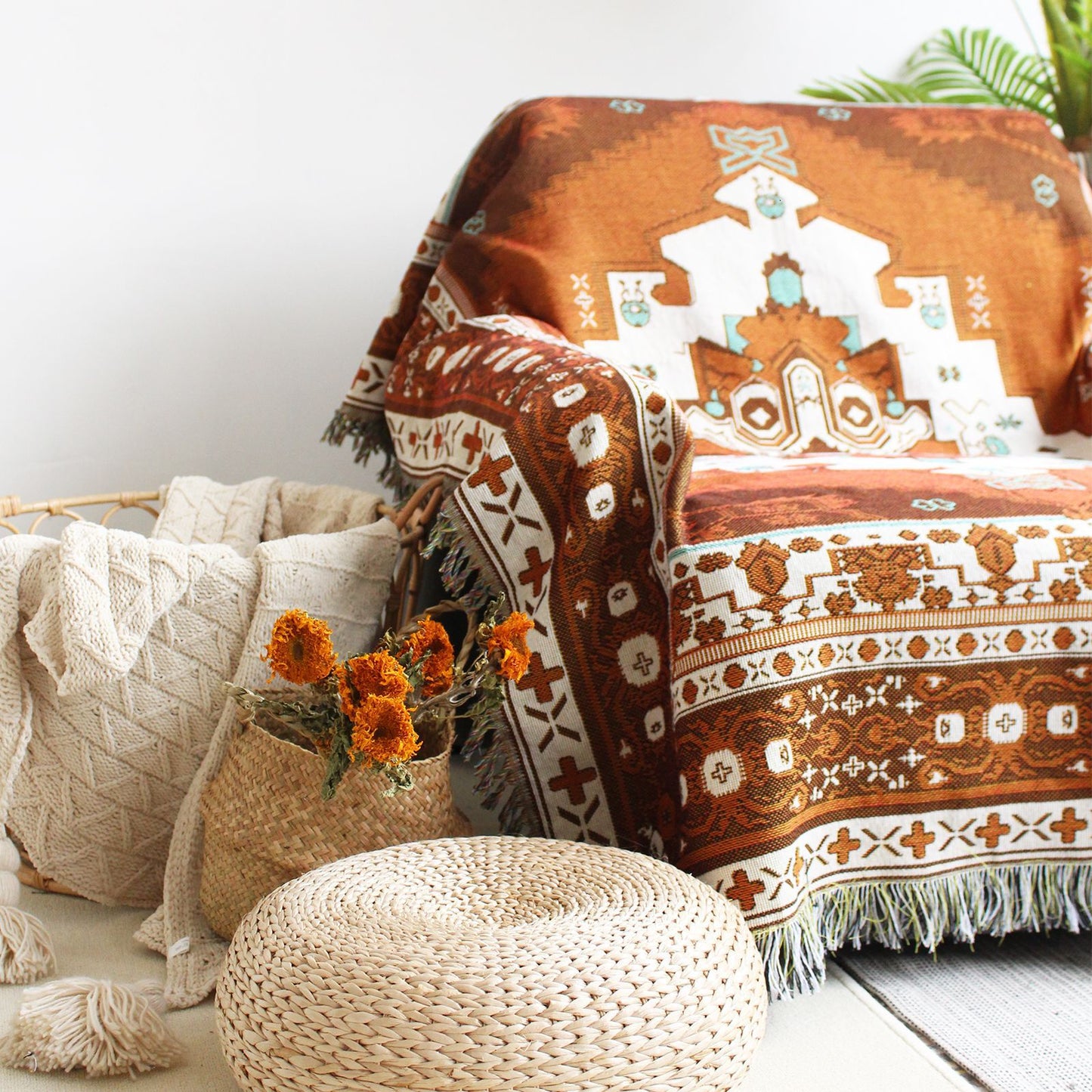 Maya Brown Tribal Boho Throw Blanket / Wall Tapestry with Fringe | Dusk & Bloom