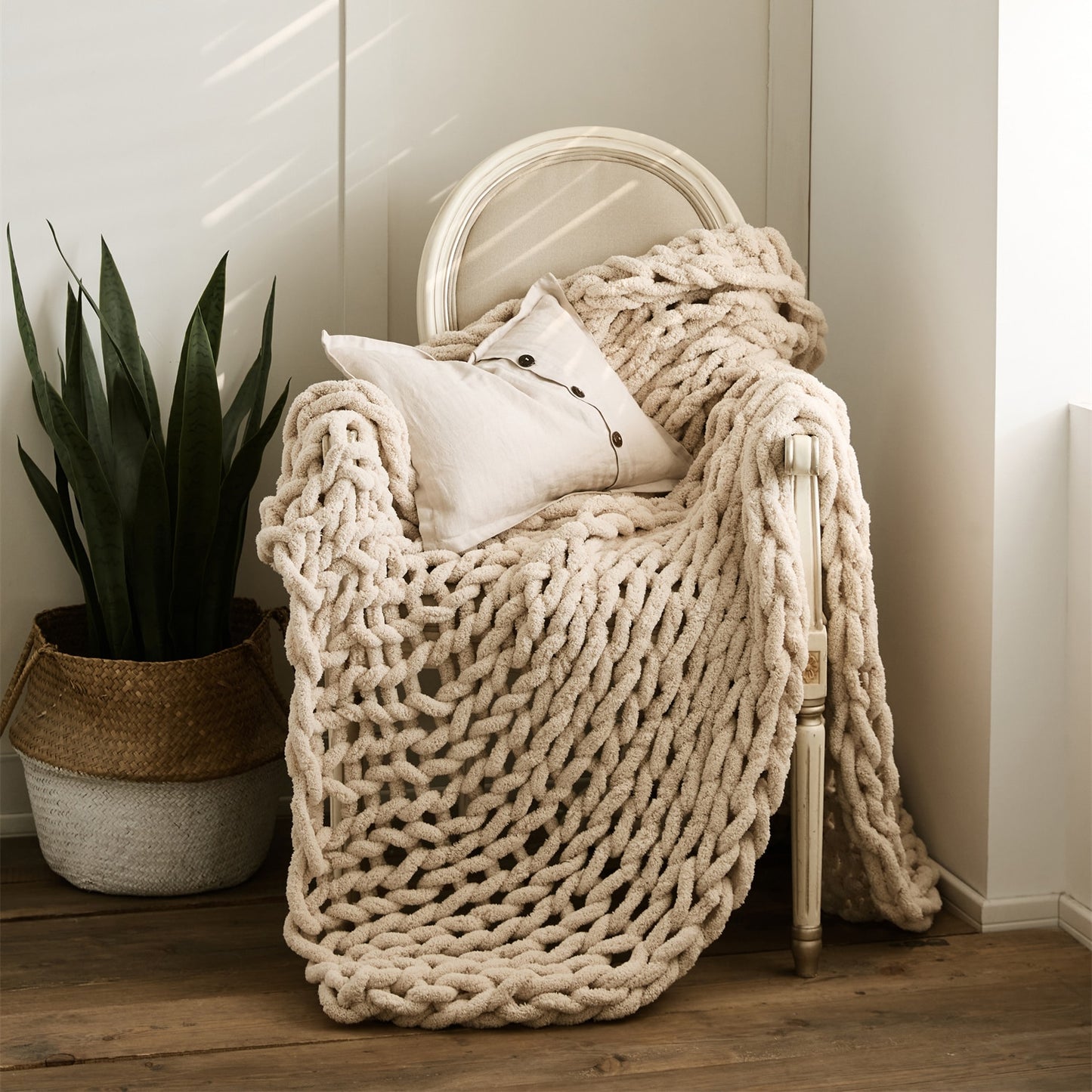 Serenity Beige Chenille Chunky Knit Throw Blanket (51" x 63") | Dusk & Bloom