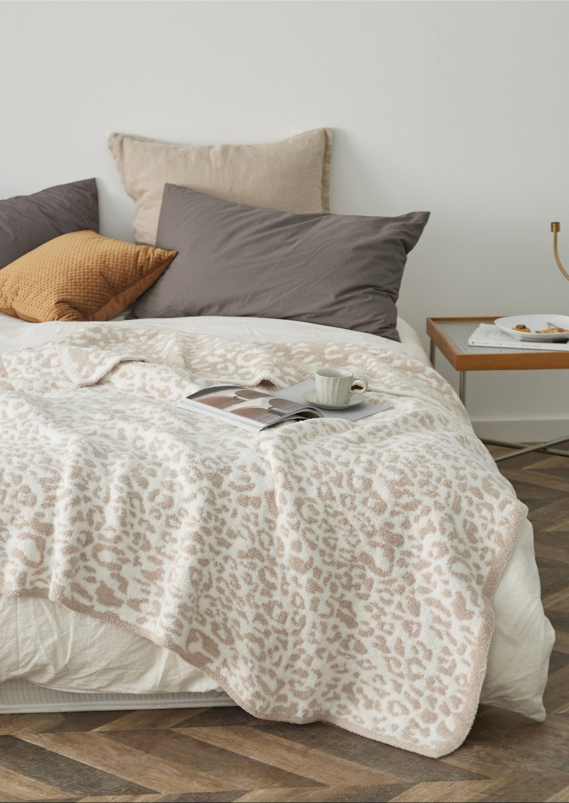 Amara Beige Leopard Microfiber Throw Blanket (51" x 63", Reversible) | Dusk & Bloom