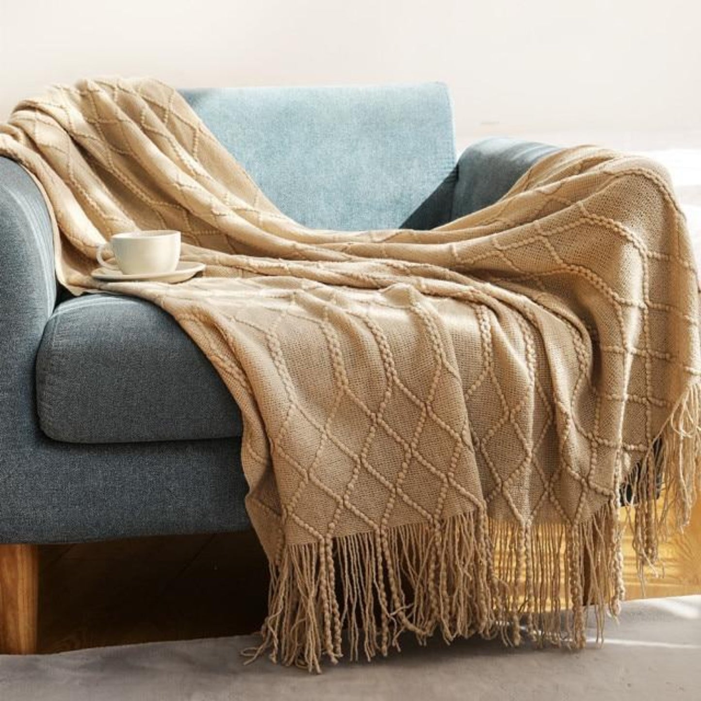 Emery Beige Extra Long Diamond Fringe Throw Blanket | Dusk & Bloom