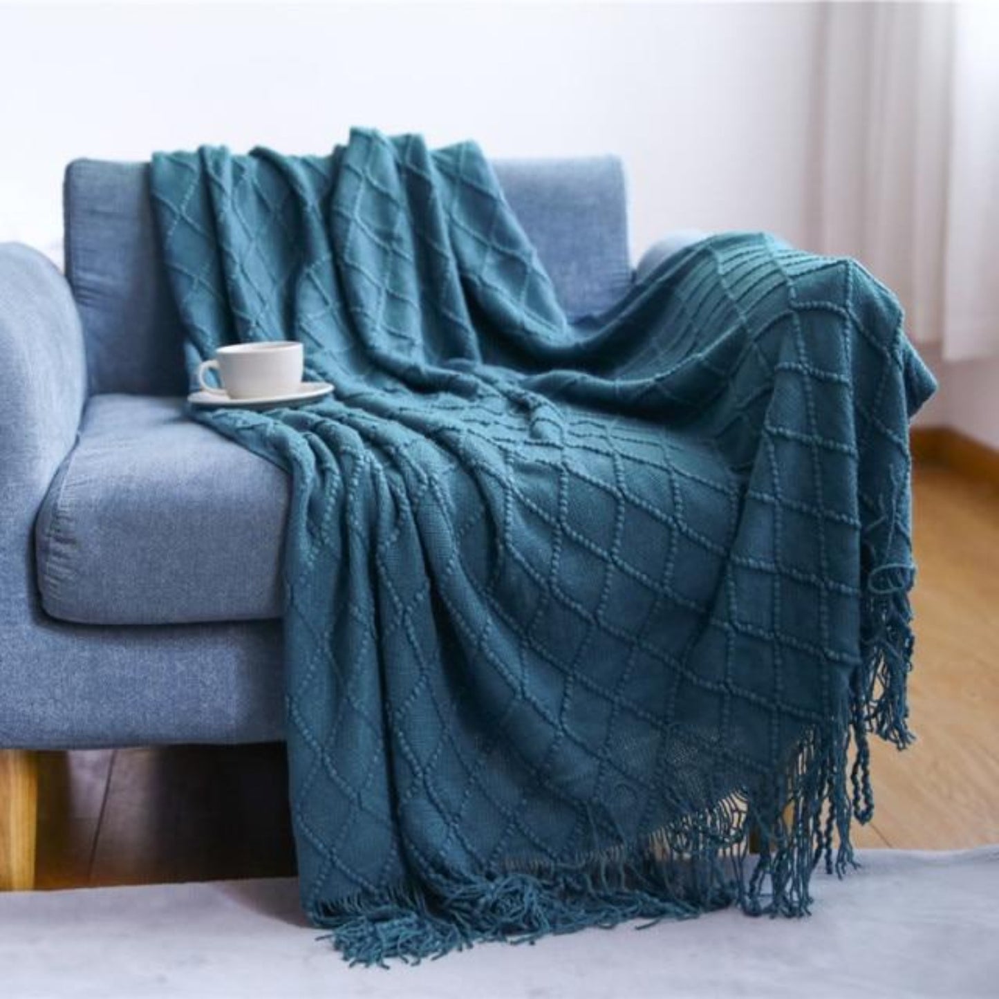 Emery Blue Extra Long Diamond Fringe Throw Blanket | Dusk & Bloom