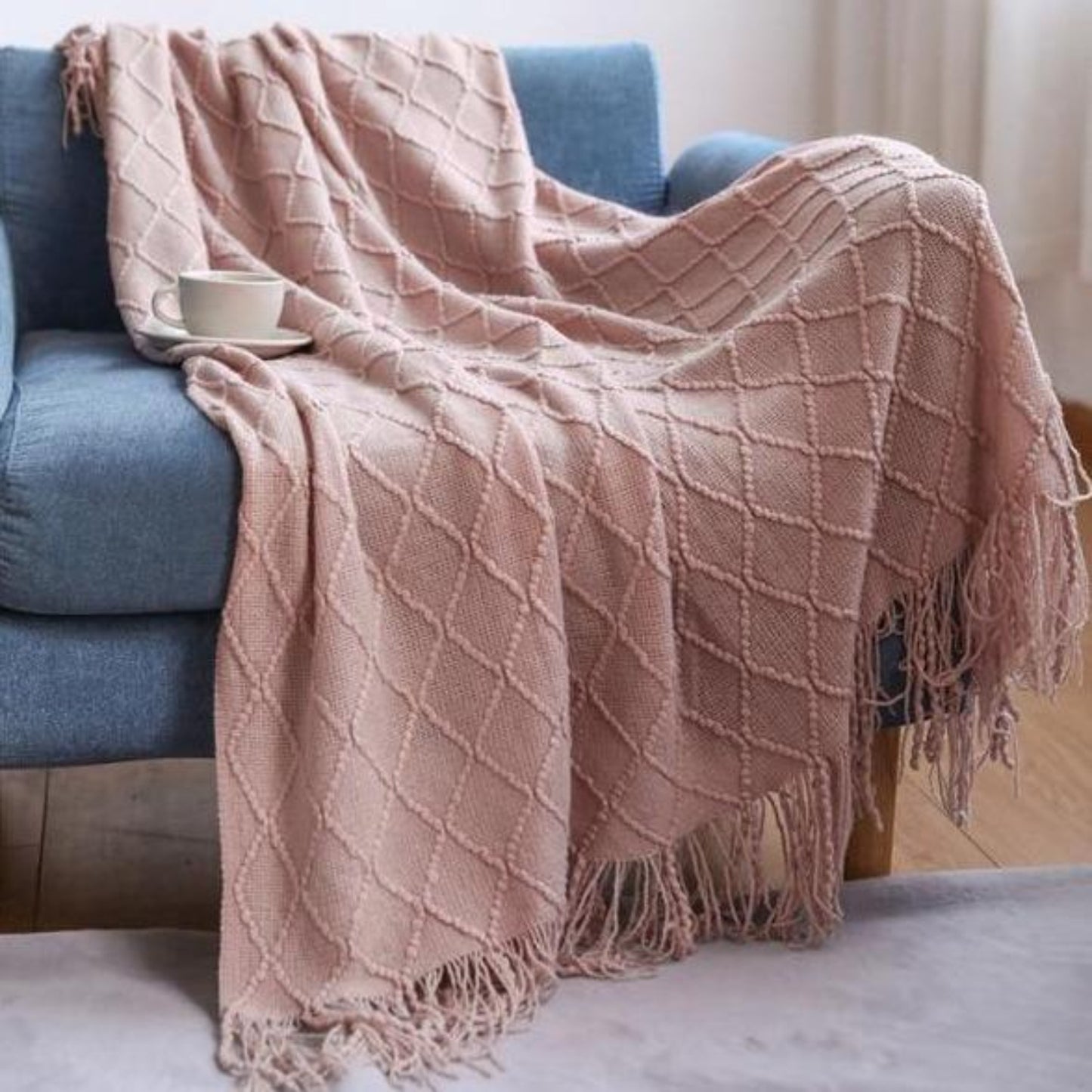 Emery Pink Extra Long Diamond Fringe Throw Blanket | Dusk & Bloom