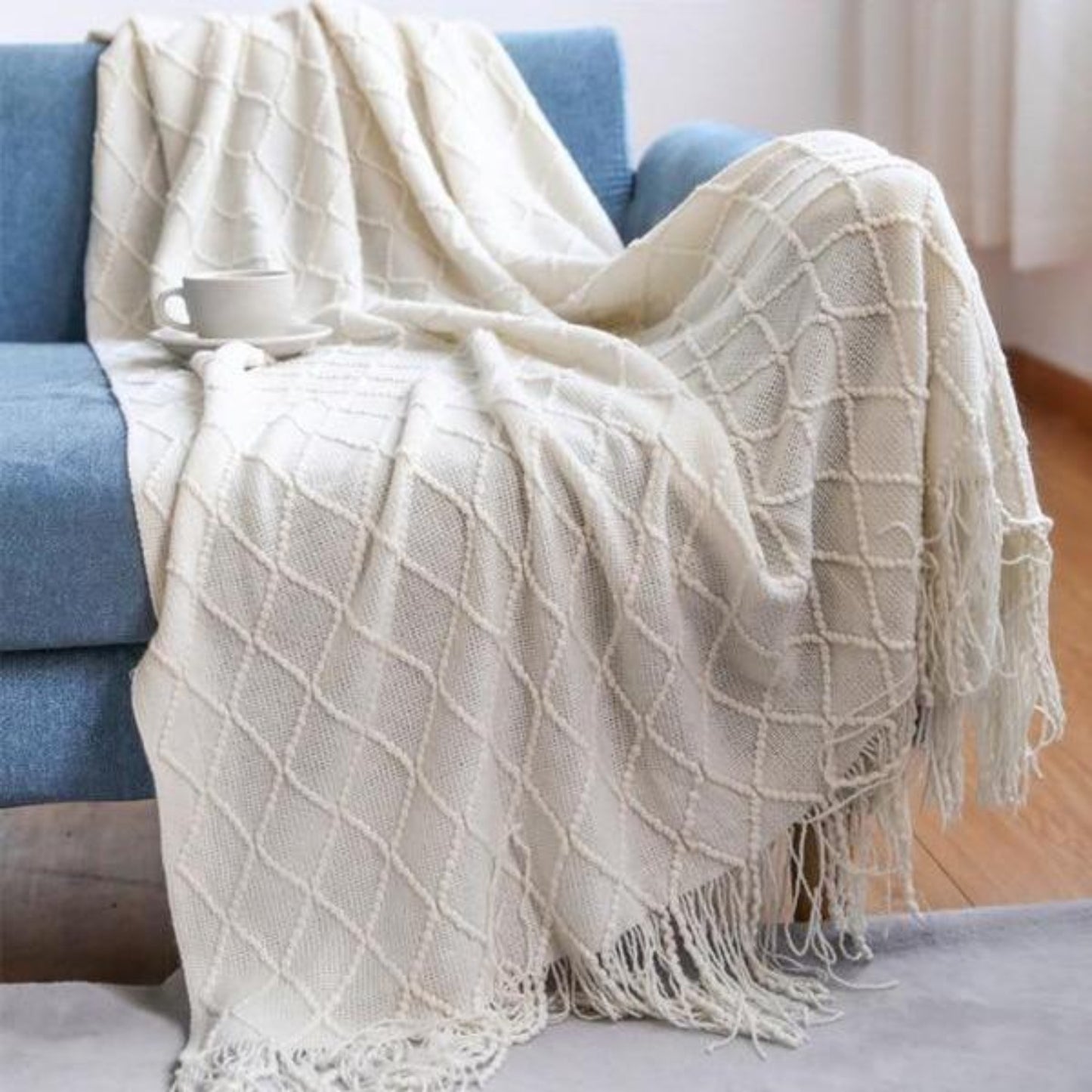 Emery White Extra Long Diamond Fringe Throw Blanket | Dusk & Bloom