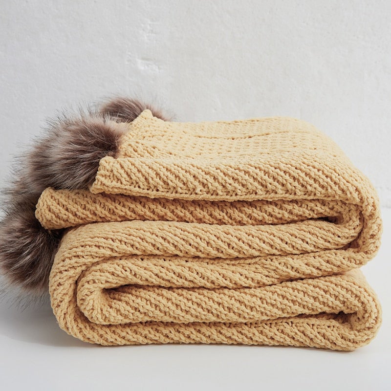 Gigi Golden Yellow Chenille Pom-Pom Throw Blanket | Dusk & Bloom