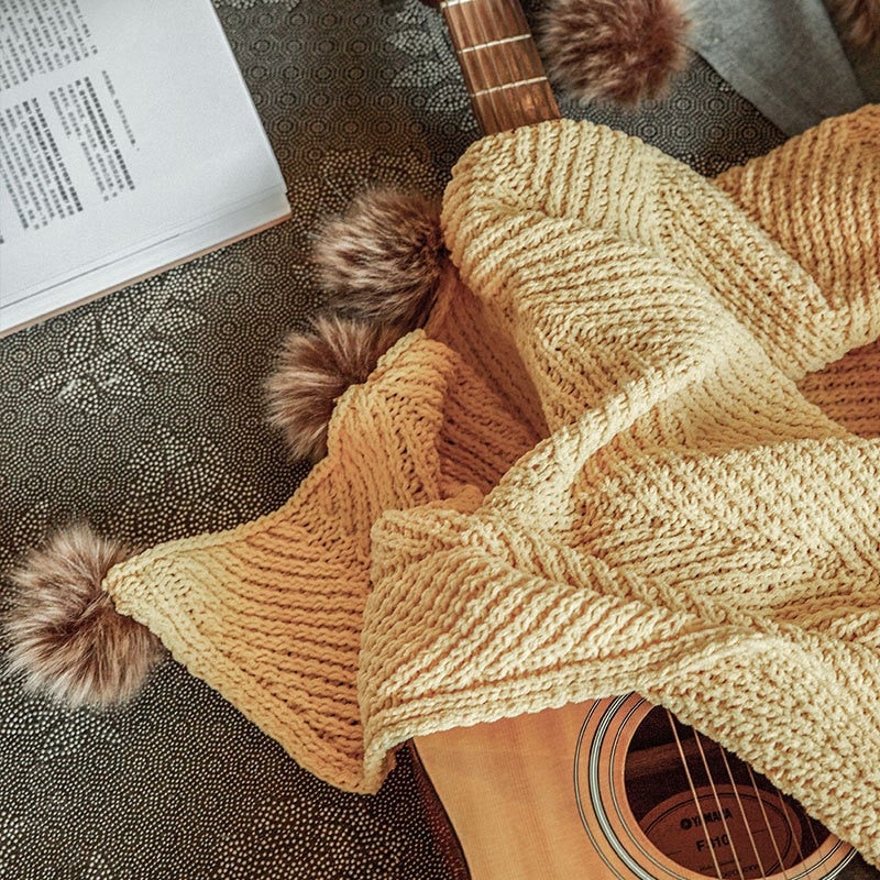 Gigi Golden Yellow Chenille Pom-Pom Throw Blanket | Dusk & Bloom