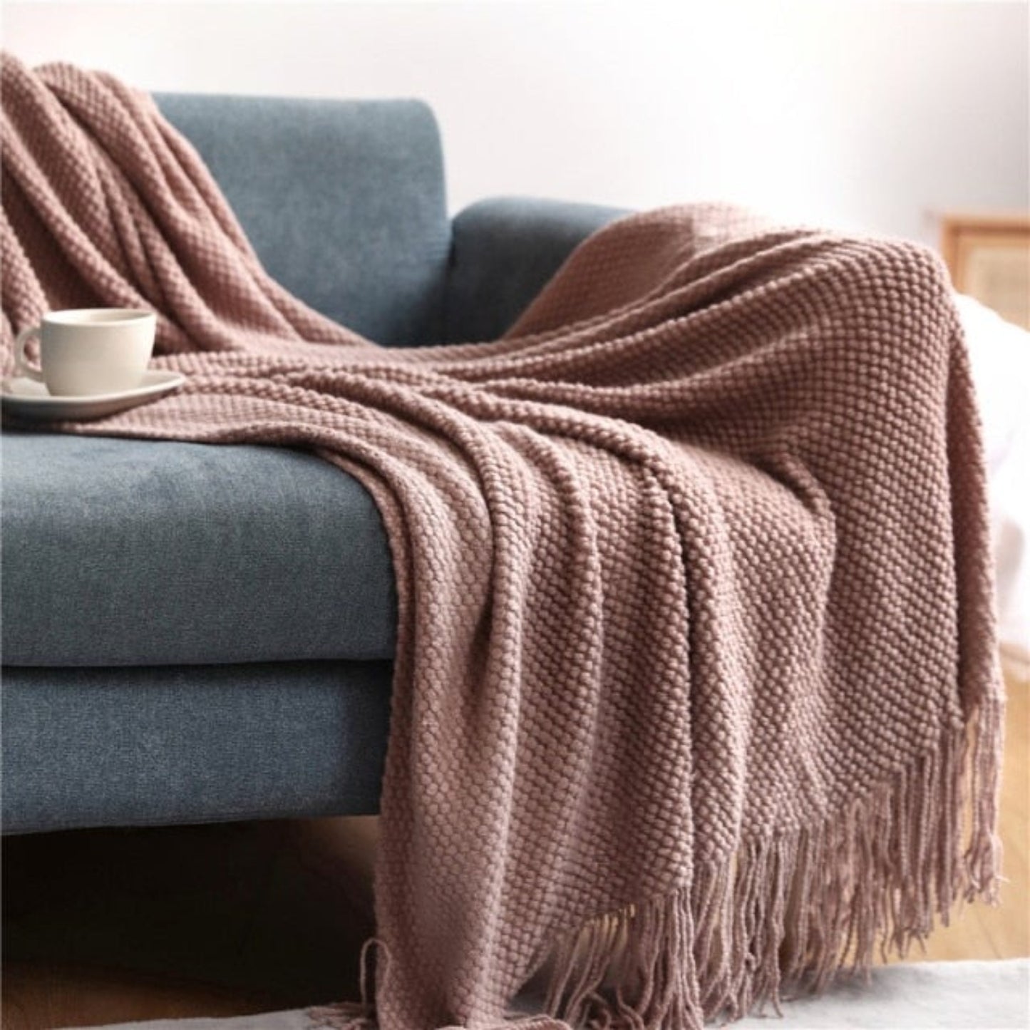 Valerie Dusty Pink Extra Long Waffle Knit Fringe Throw Blanket | Dusk & Bloom