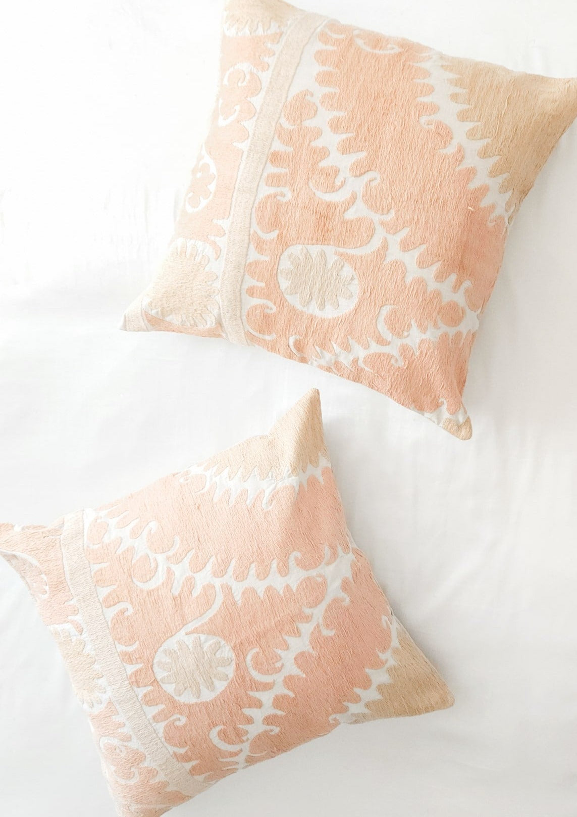 Azra Pastel Peach & Beige Boho 22" Throw Pillow Cover with Uzbek Embroidered Suzani Pattern | Dusk & Bloom