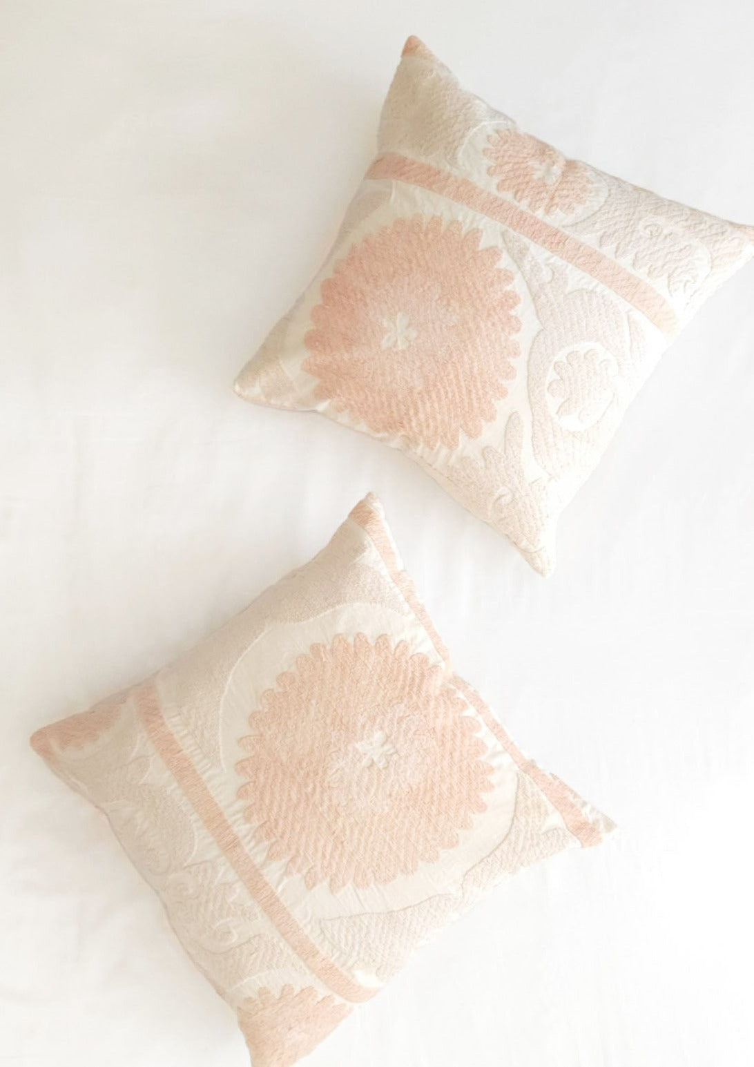 Azra Pastel Peach & Cream Boho Pillow Cover with Uzbek Embroidered Suzani Pattern | Dusk & Bloom