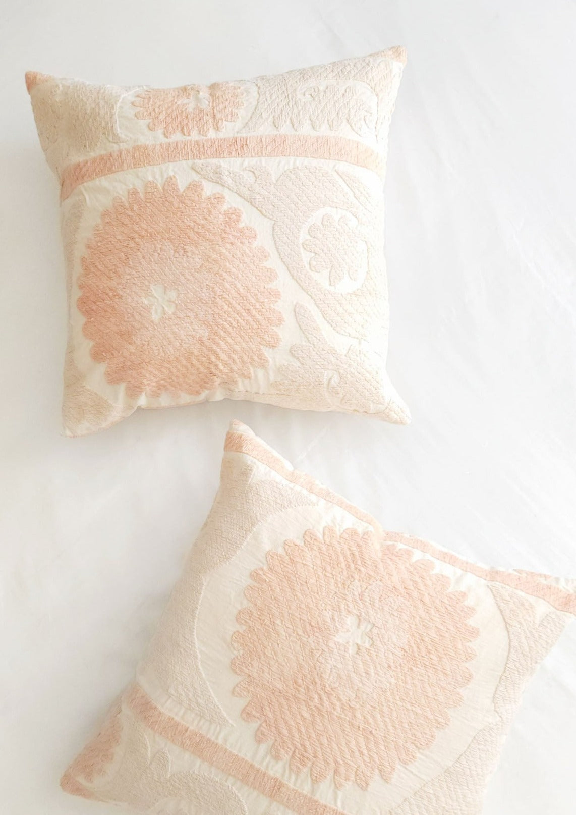 Azra Pastel Peach & Cream Boho Pillow Cover with Uzbek Embroidered Suzani Pattern | Dusk & Bloom