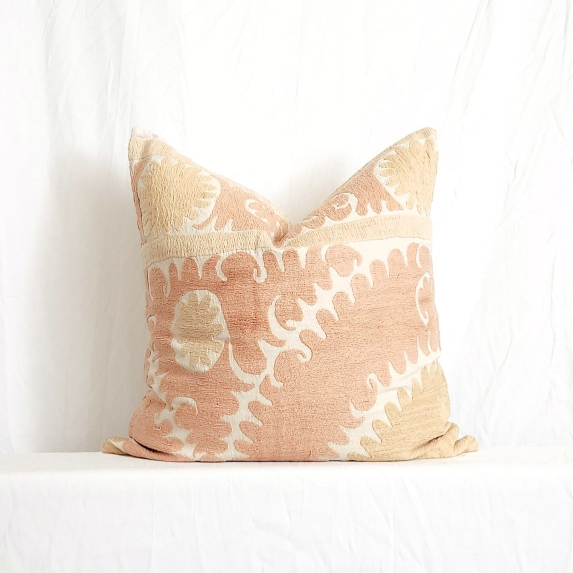 Azra Pastel Peach & Beige Boho 22" Throw Pillow Cover with Uzbek Embroidered Suzani Pattern | Dusk & Bloom