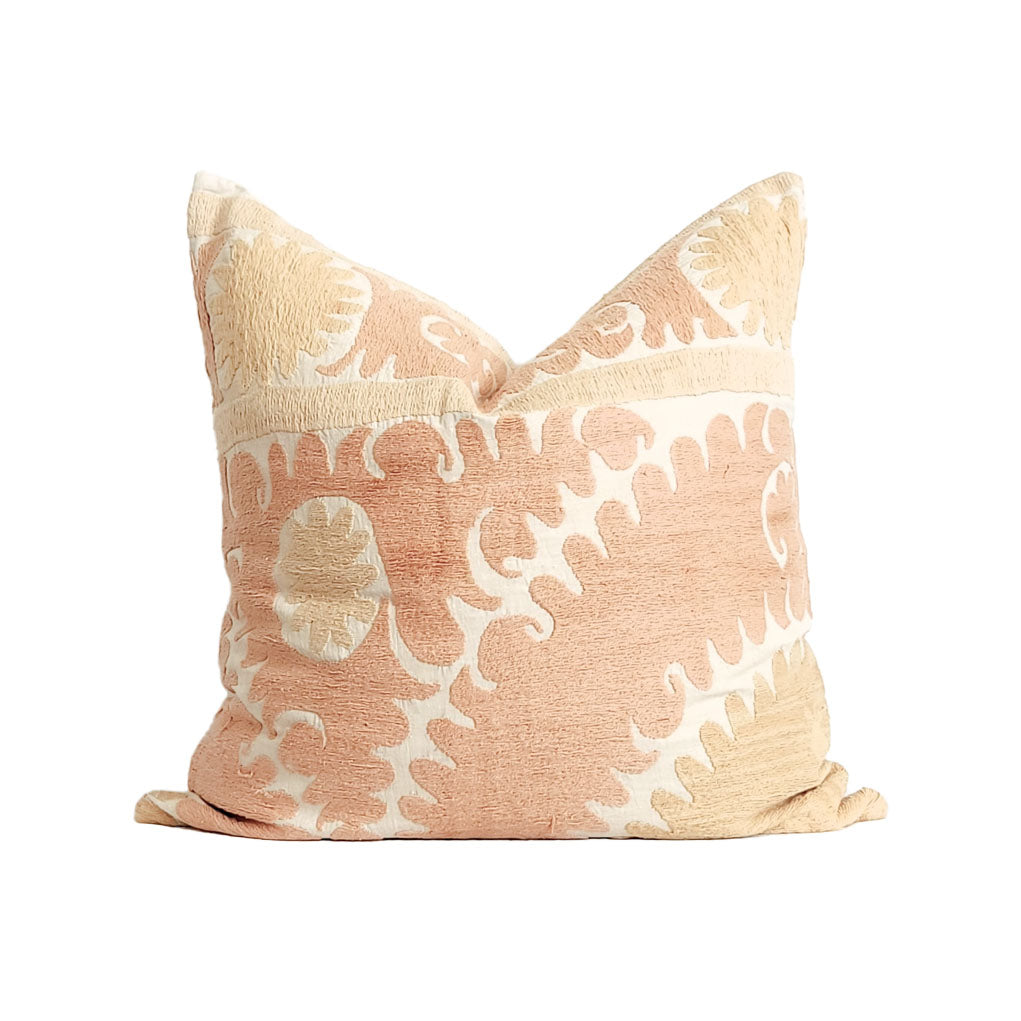 Azra Pastel Peach & Beige Boho 22" Throw Pillow Cover with Uzbek Embroidered Suzani Pattern | Dusk & Bloom