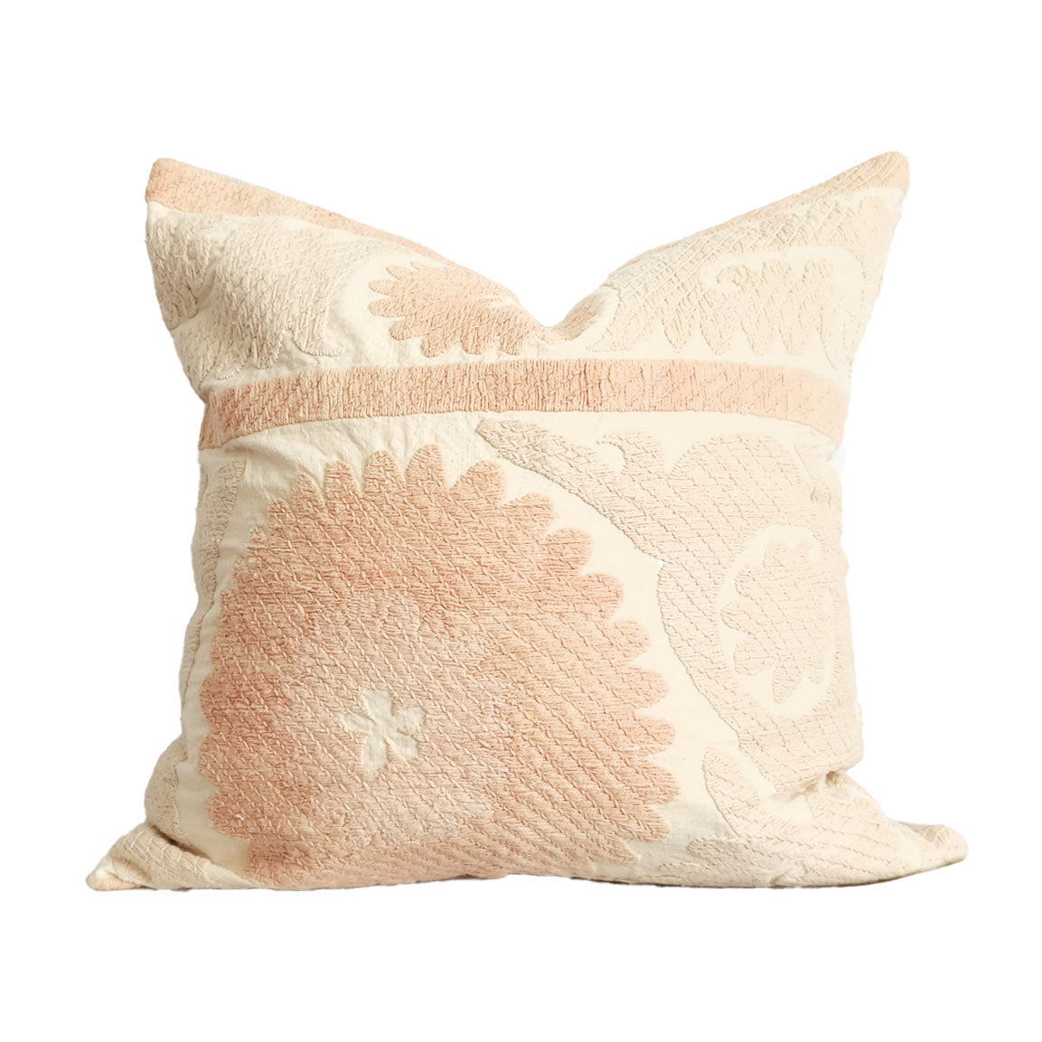 Azra Pastel Peach & Cream Boho Pillow Cover with Uzbek Embroidered Suzani Pattern | Dusk & Bloom