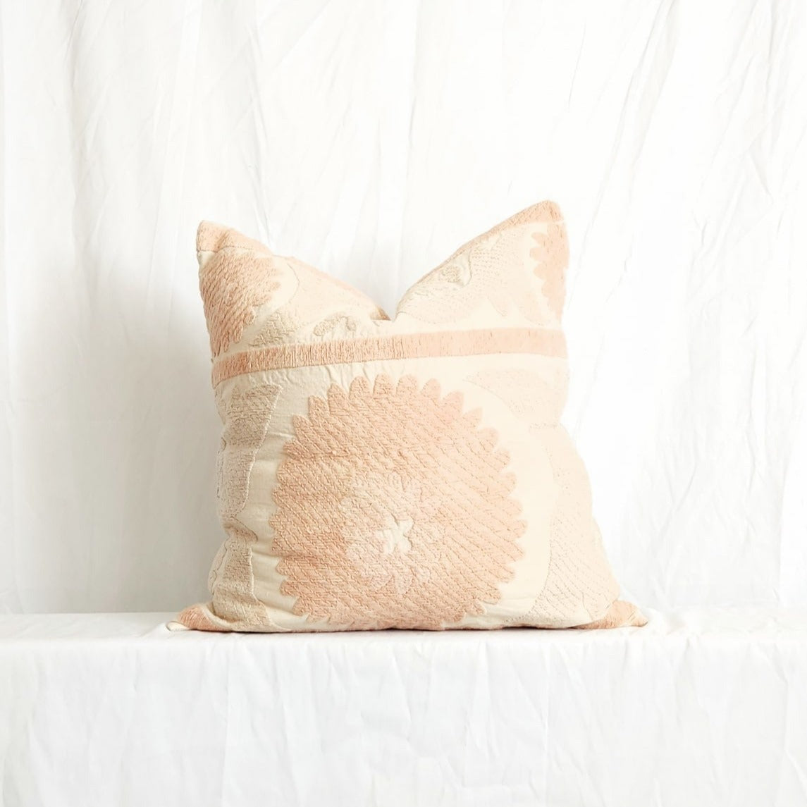 Azra Pastel Peach & Cream Boho Pillow Cover with Uzbek Embroidered Suzani Pattern | Dusk & Bloom