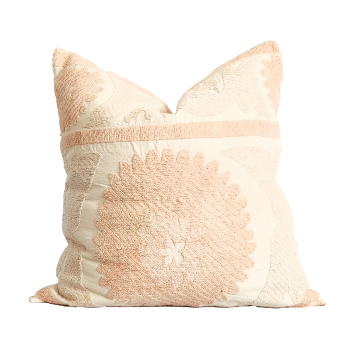 Azra Pastel Peach & Cream Boho Pillow Cover with Uzbek Embroidered Suzani Pattern | Dusk & Bloom